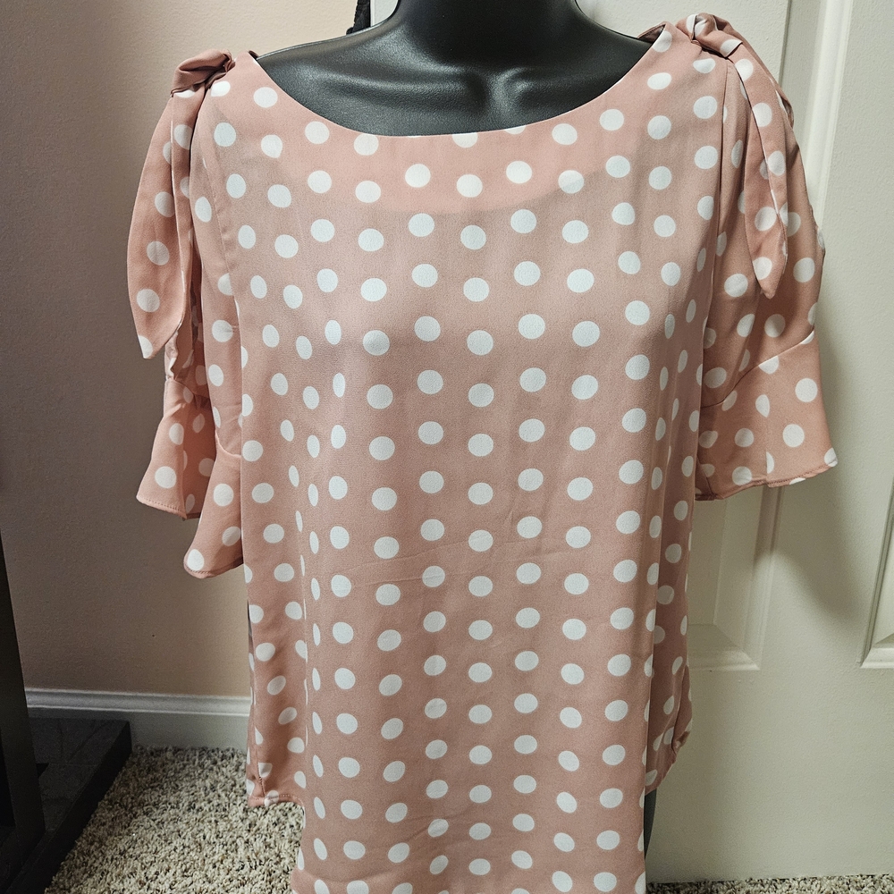 New York & Company Pink Cold Shoulder Polka Dot Blouse